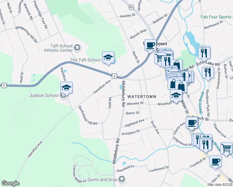 map of restaurants, bars, coffee shops, grocery stores, and more near 22 Vaill Road in Watertown