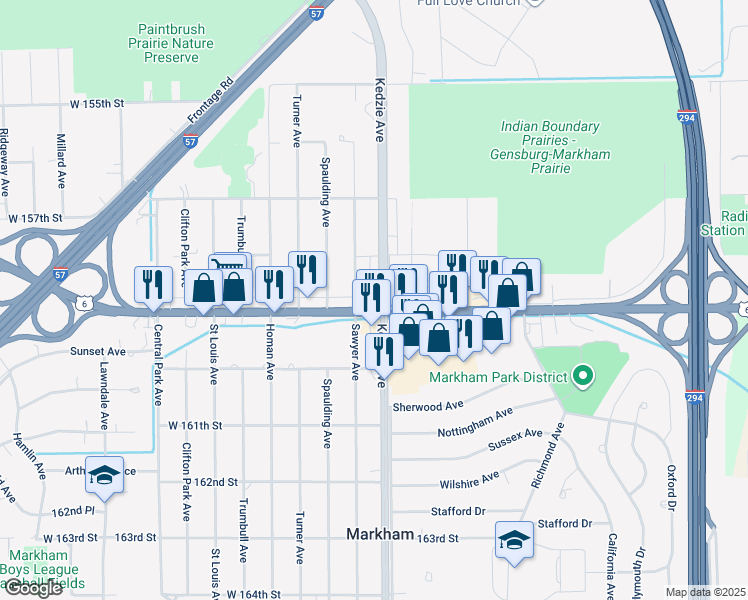 map of restaurants, bars, coffee shops, grocery stores, and more near in Markham
