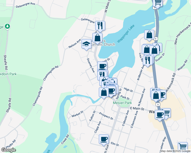 map of restaurants, bars, coffee shops, grocery stores, and more near 1 Downey Avenue in Wappingers Falls