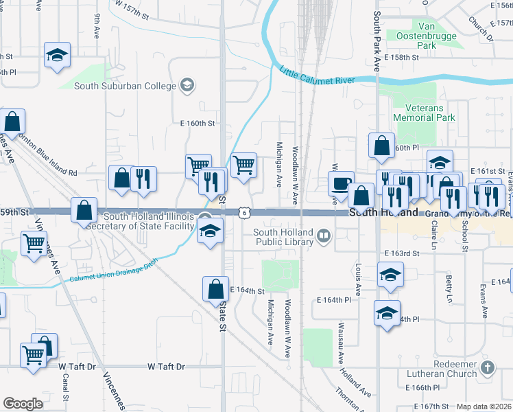 map of restaurants, bars, coffee shops, grocery stores, and more near 54 East 162nd Street in South Holland