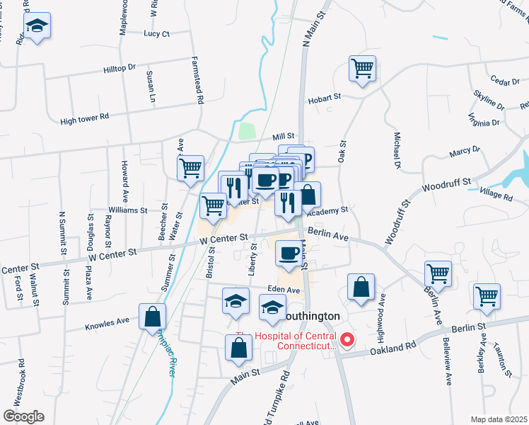map of restaurants, bars, coffee shops, grocery stores, and more near 31 Liberty Street in Southington
