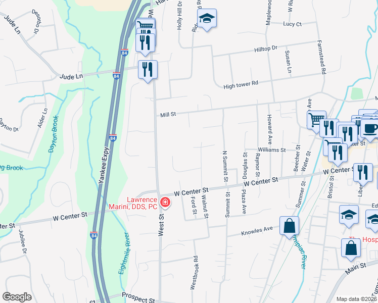 map of restaurants, bars, coffee shops, grocery stores, and more near 80 Autran Avenue in Southington