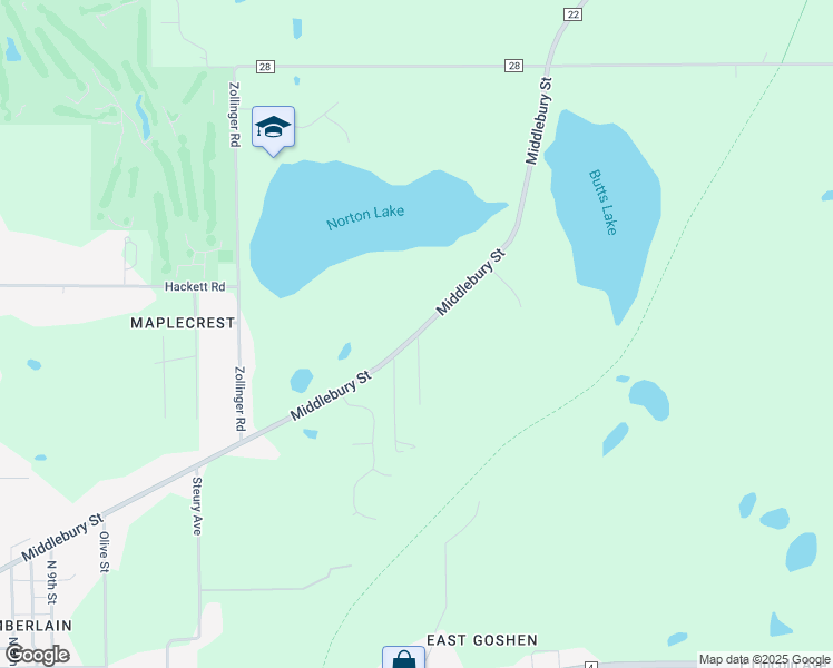 map of restaurants, bars, coffee shops, grocery stores, and more near 18550 Middlebury Street in Goshen