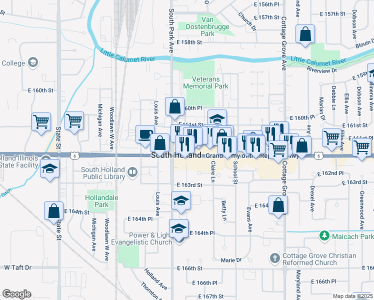 map of restaurants, bars, coffee shops, grocery stores, and more near 436 East 162nd Street in South Holland