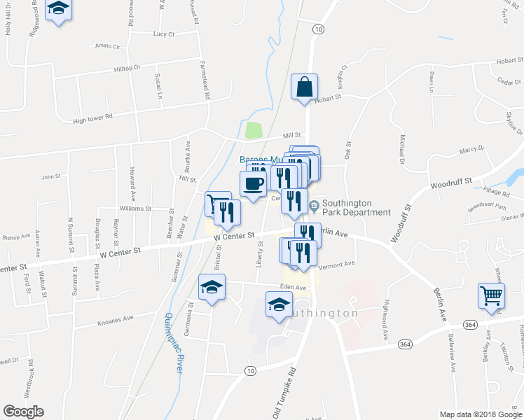 map of restaurants, bars, coffee shops, grocery stores, and more near 31 Liberty Street in Southington
