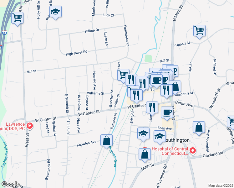 map of restaurants, bars, coffee shops, grocery stores, and more near 59 Water Street in Southington