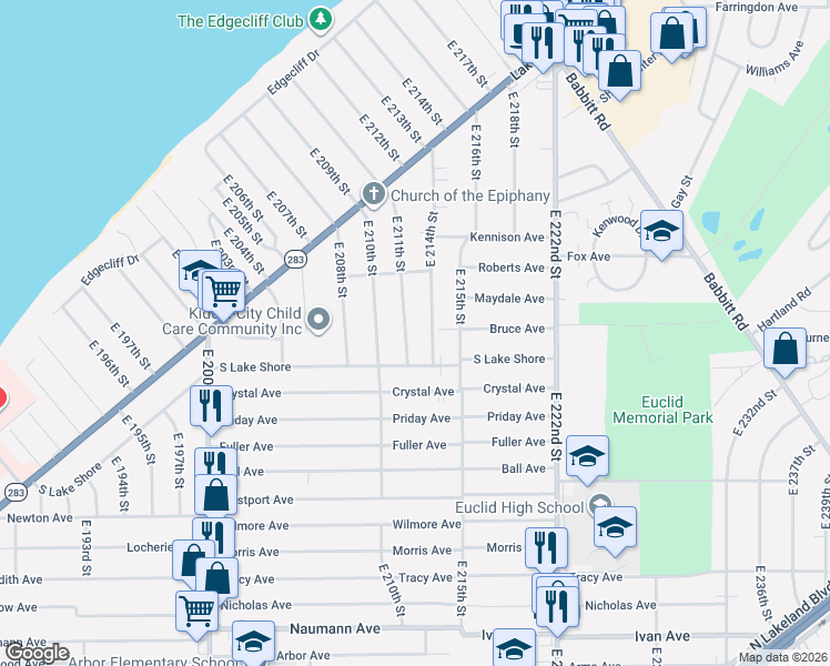 map of restaurants, bars, coffee shops, grocery stores, and more near 375 East 211th Street in Euclid