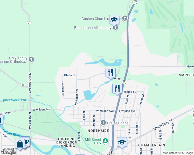 map of restaurants, bars, coffee shops, grocery stores, and more near 336 Stone Drive in Goshen