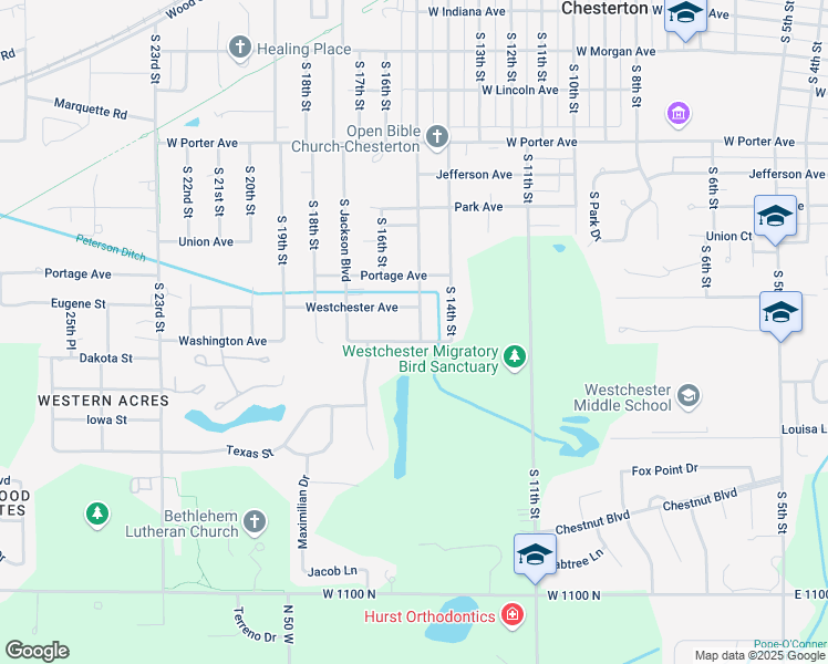 map of restaurants, bars, coffee shops, grocery stores, and more near 1518 Washington Avenue in Chesterton