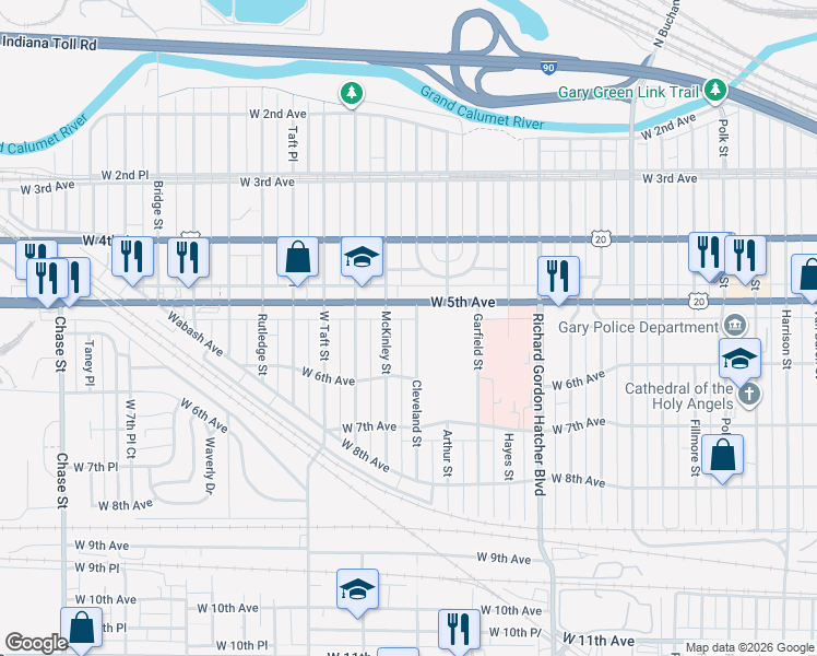 map of restaurants, bars, coffee shops, grocery stores, and more near 501-599 Cleveland St in Gary