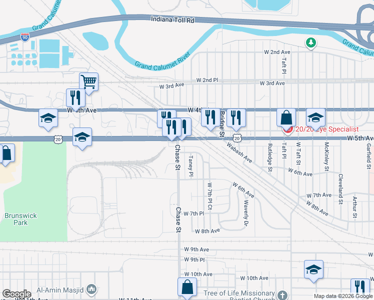 map of restaurants, bars, coffee shops, grocery stores, and more near 501-537 Taney St in Gary