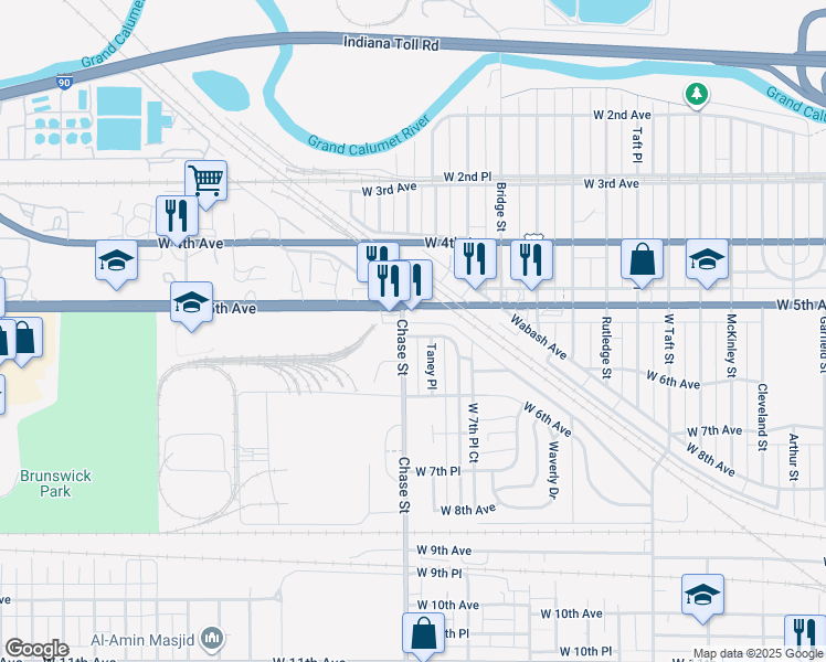 map of restaurants, bars, coffee shops, grocery stores, and more near 501-537 Taney St in Gary
