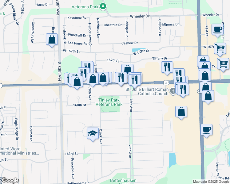 map of restaurants, bars, coffee shops, grocery stores, and more near 7644 159th Place in Tinley Park