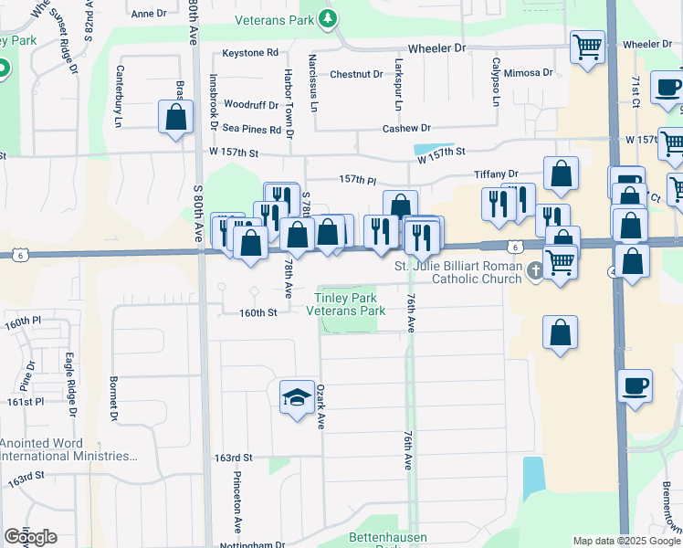 map of restaurants, bars, coffee shops, grocery stores, and more near 7742 159th Place in Tinley Park