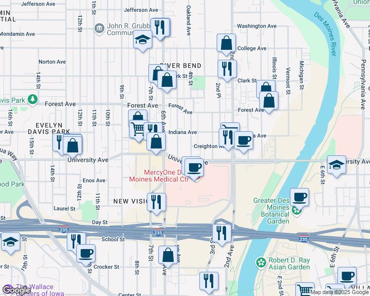 map of restaurants, bars, coffee shops, grocery stores, and more near 1200 4th Street in Des Moines