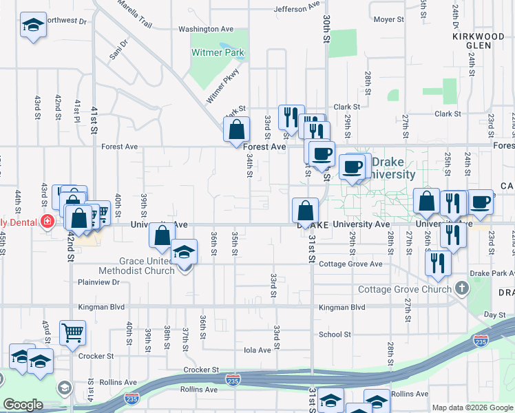 map of restaurants, bars, coffee shops, grocery stores, and more near 1215 34th Street in Des Moines