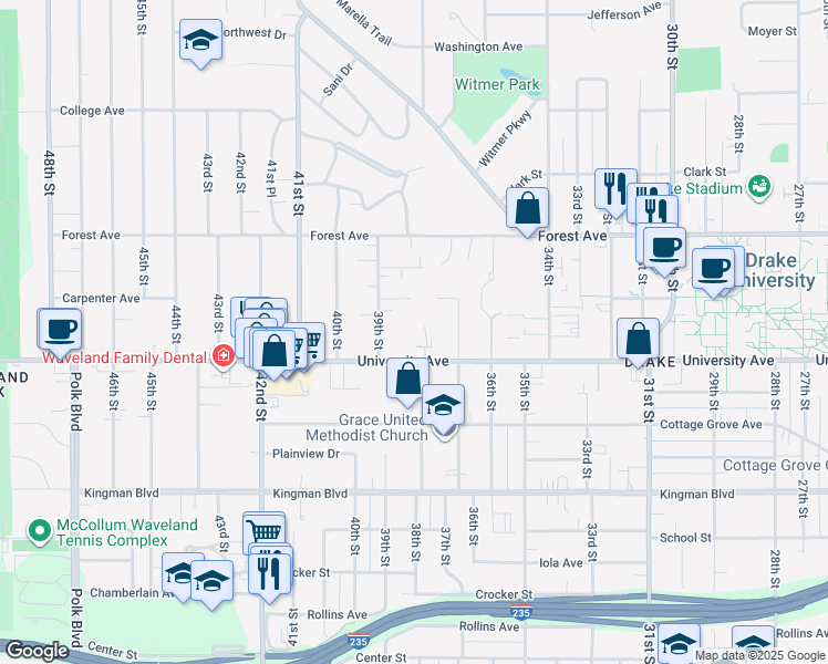 map of restaurants, bars, coffee shops, grocery stores, and more near 3821 University Avenue in Des Moines