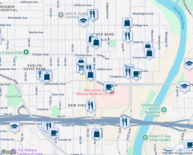 map of restaurants, bars, coffee shops, grocery stores, and more near 1215 6th Ave in Des Moines