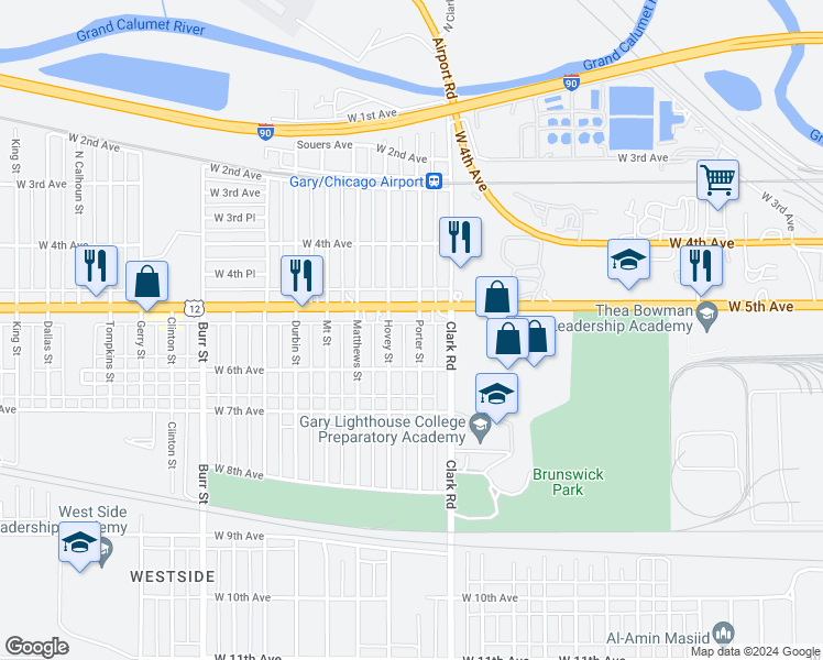map of restaurants, bars, coffee shops, grocery stores, and more near 524 Porter Street in Gary