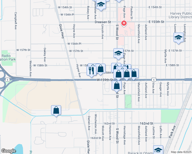 map of restaurants, bars, coffee shops, grocery stores, and more near 147 West 159th Street in Harvey