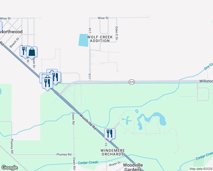 map of restaurants, bars, coffee shops, grocery stores, and more near 4062 Williston Road in Northwood