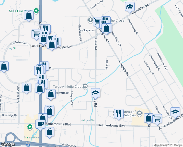 map of restaurants, bars, coffee shops, grocery stores, and more near 2134 Eastedge Drive in Toledo
