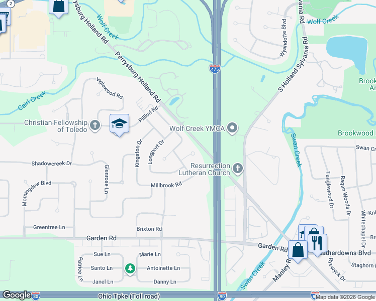 map of restaurants, bars, coffee shops, grocery stores, and more near 6366 Nassau Court in Maumee