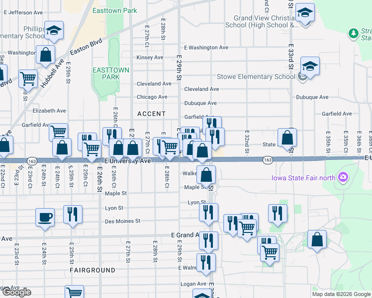 map of restaurants, bars, coffee shops, grocery stores, and more near 2900 East University Avenue in Des Moines