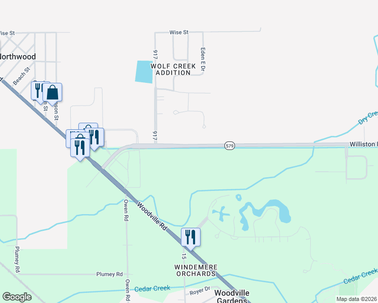 map of restaurants, bars, coffee shops, grocery stores, and more near 4062 Williston Rd in Northwood