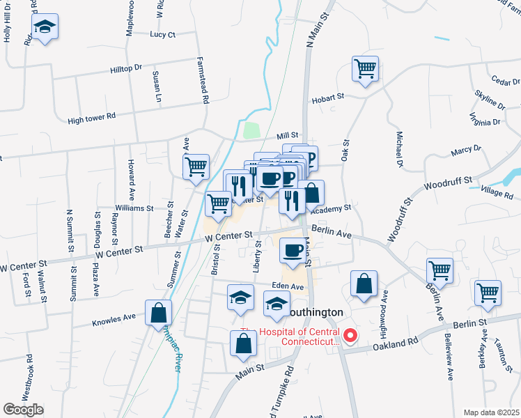 map of restaurants, bars, coffee shops, grocery stores, and more near 31 Liberty Street in Southington