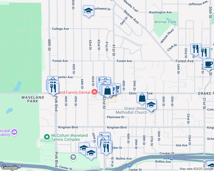 map of restaurants, bars, coffee shops, grocery stores, and more near 1223 42nd Street in Des Moines