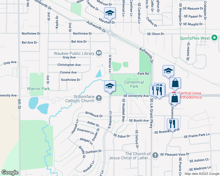 map of restaurants, bars, coffee shops, grocery stores, and more near 1885 Warrior Lane in Waukee