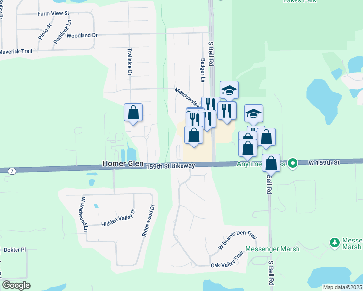 map of restaurants, bars, coffee shops, grocery stores, and more near 12936 West 159th Street in Homer Glen