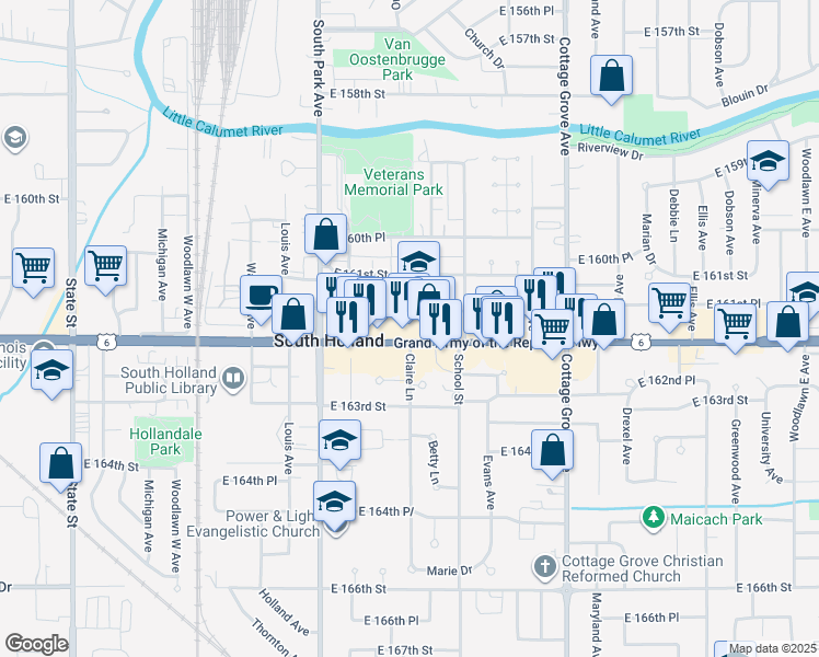 map of restaurants, bars, coffee shops, grocery stores, and more near in South Holland