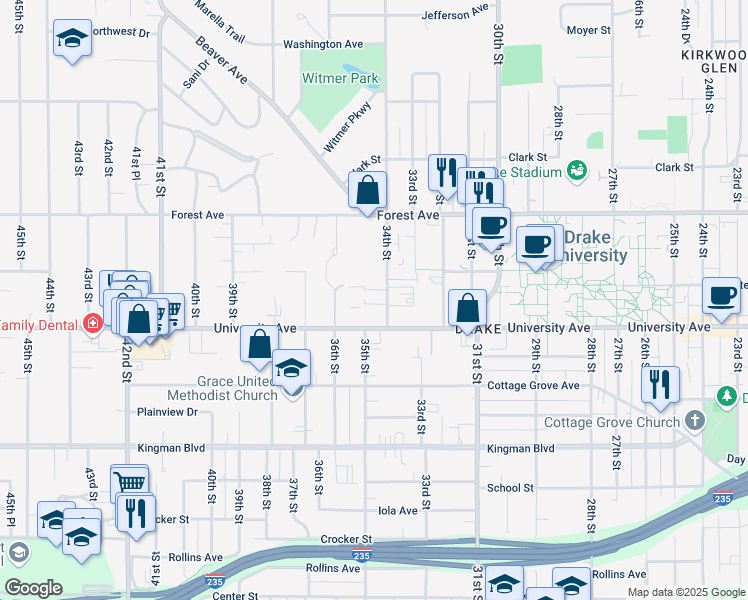 map of restaurants, bars, coffee shops, grocery stores, and more near 3501 University Avenue in Des Moines