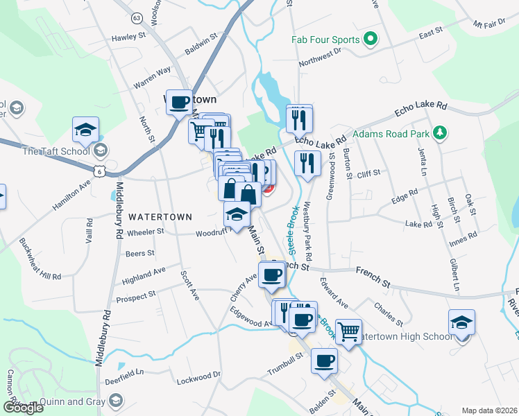 map of restaurants, bars, coffee shops, grocery stores, and more near 80 Depot Street in Watertown