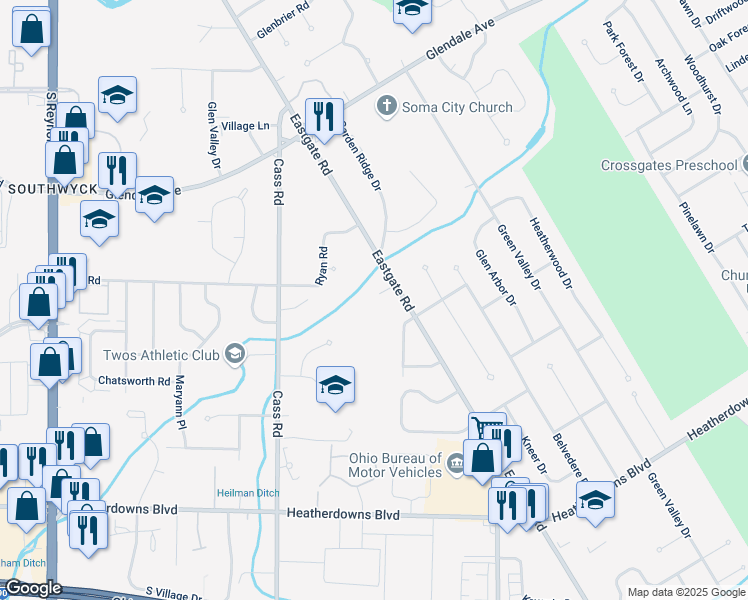 map of restaurants, bars, coffee shops, grocery stores, and more near 2102 Eastgate Road in Toledo