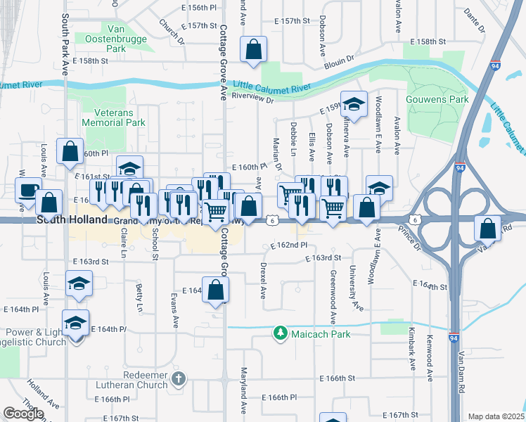 map of restaurants, bars, coffee shops, grocery stores, and more near 900 East 162nd Street in South Holland