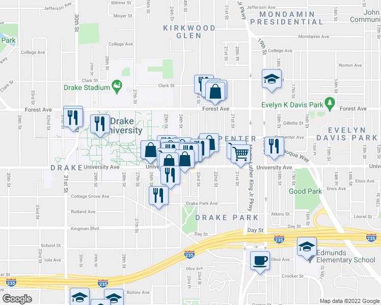map of restaurants, bars, coffee shops, grocery stores, and more near 2331 University Avenue in Des Moines