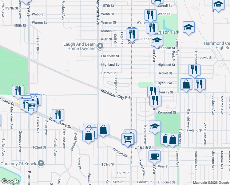 map of restaurants, bars, coffee shops, grocery stores, and more near 100 Michigan City Road in Calumet City