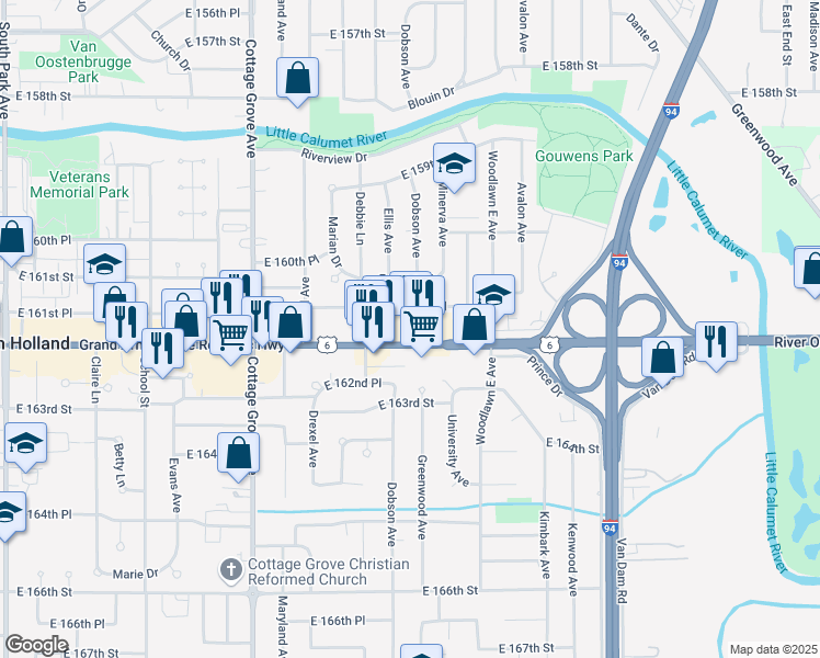 map of restaurants, bars, coffee shops, grocery stores, and more near 1056 East 162nd Street in South Holland