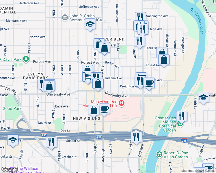 map of restaurants, bars, coffee shops, grocery stores, and more near 1215 6th Avenue in Des Moines