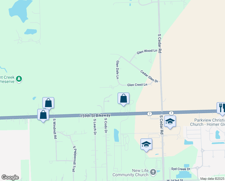 map of restaurants, bars, coffee shops, grocery stores, and more near 15059 Glen View Court in Homer Glen
