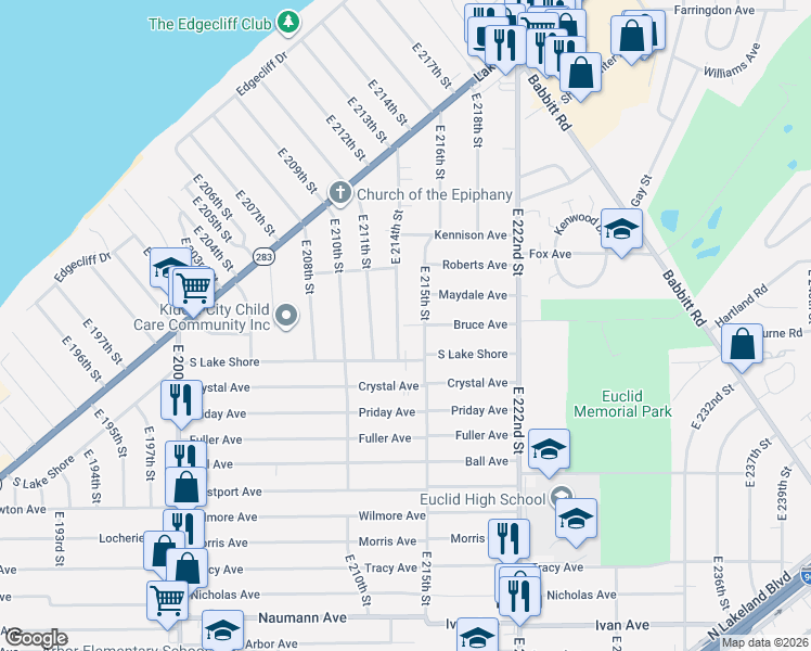 map of restaurants, bars, coffee shops, grocery stores, and more near 420 East 215th Street in Euclid