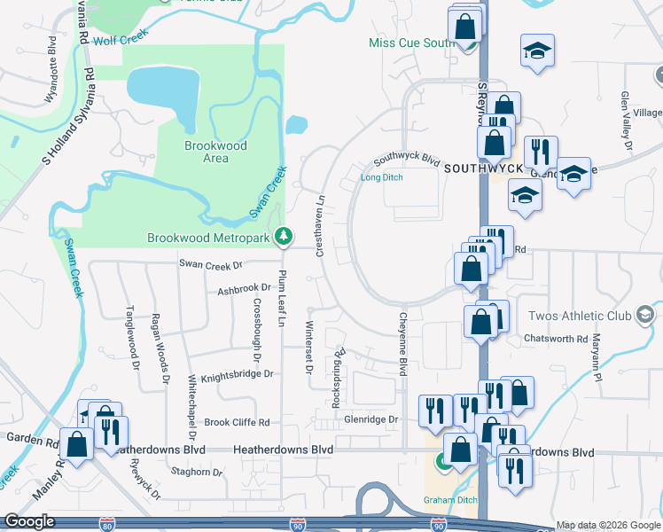map of restaurants, bars, coffee shops, grocery stores, and more near 5461 Southwyck Boulevard in Toledo
