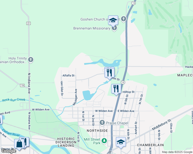 map of restaurants, bars, coffee shops, grocery stores, and more near 336 Stone Drive in Goshen