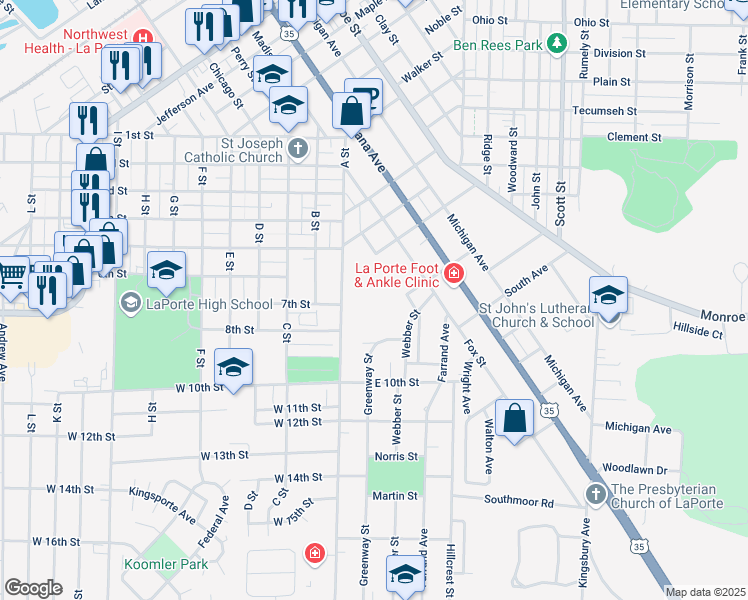 map of restaurants, bars, coffee shops, grocery stores, and more near 408 Fox Street in La Porte