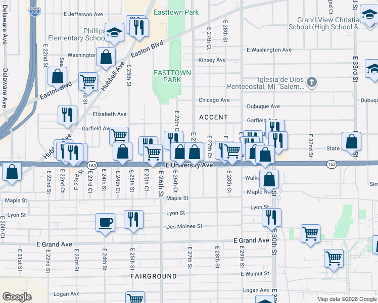 map of restaurants, bars, coffee shops, grocery stores, and more near 2654 East University Avenue in Des Moines