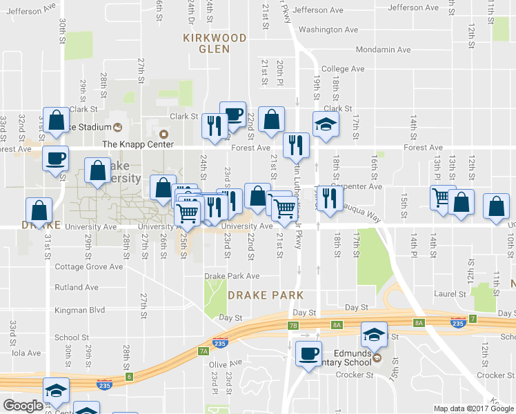 map of restaurants, bars, coffee shops, grocery stores, and more near 1211 22nd Street in Des Moines