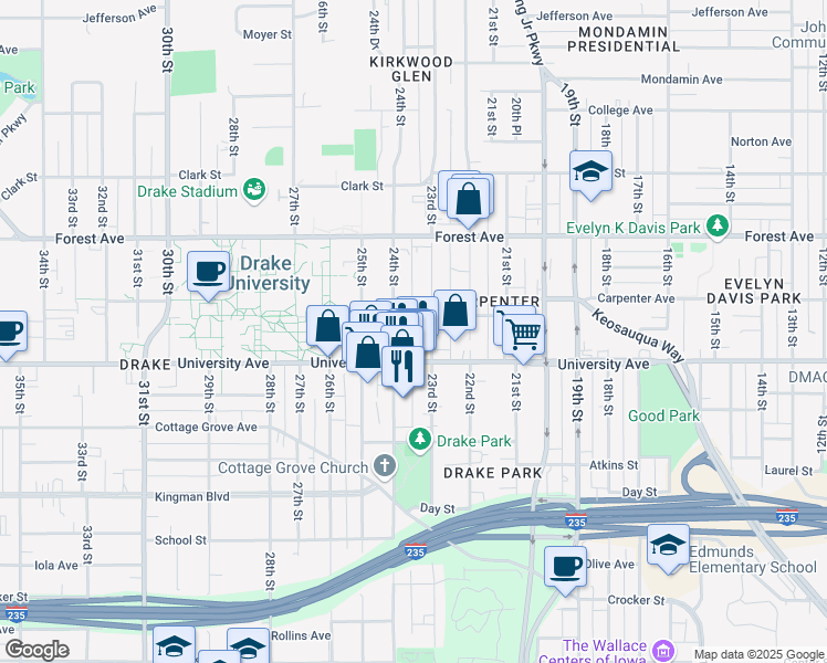 map of restaurants, bars, coffee shops, grocery stores, and more near 2331 University Avenue in Des Moines